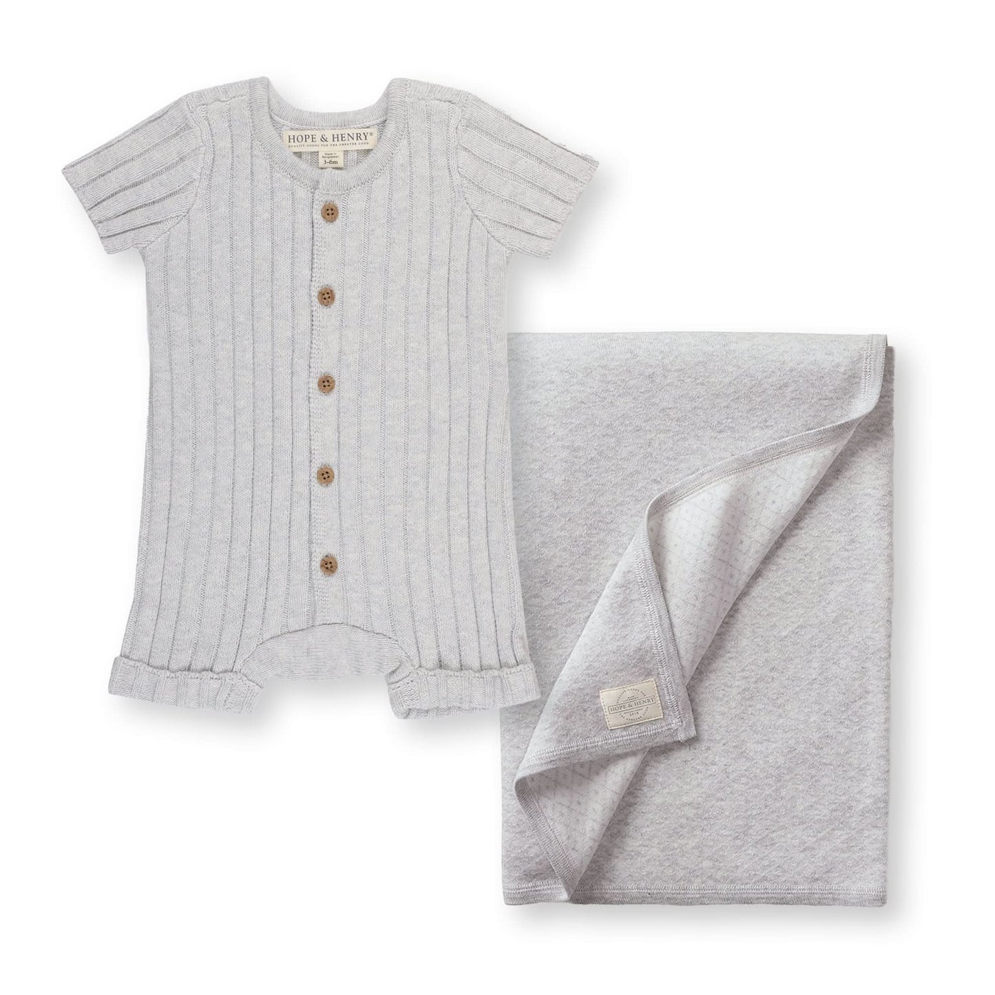 Hope & Henry shortie romper and diamond pattern jacquard blanket gift set in organic cotton