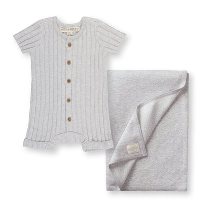 Hope & Henry shortie romper and diamond pattern jacquard blanket gift set in organic cotton
