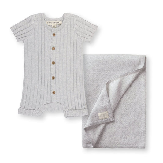 Hope & Henry shortie romper and diamond pattern jacquard blanket gift set in organic cotton