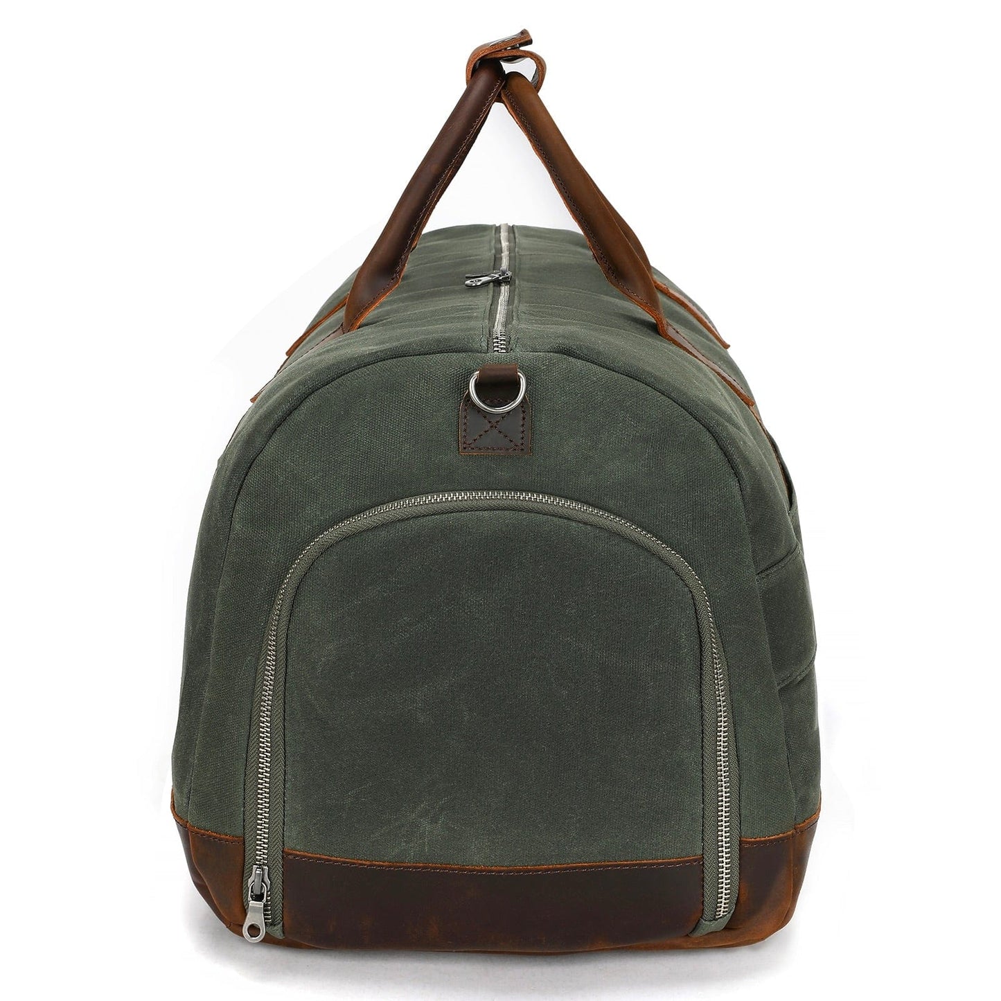 Green duffel bag with brown accents on a white background