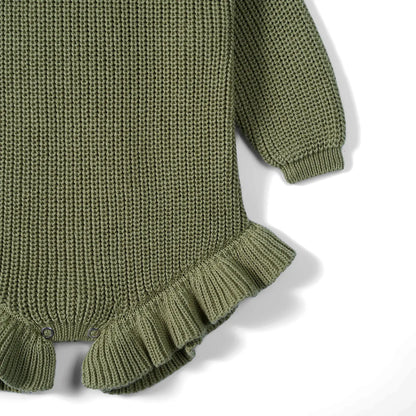 Ruffle Chunky Knit Baby Romper in Sage Green