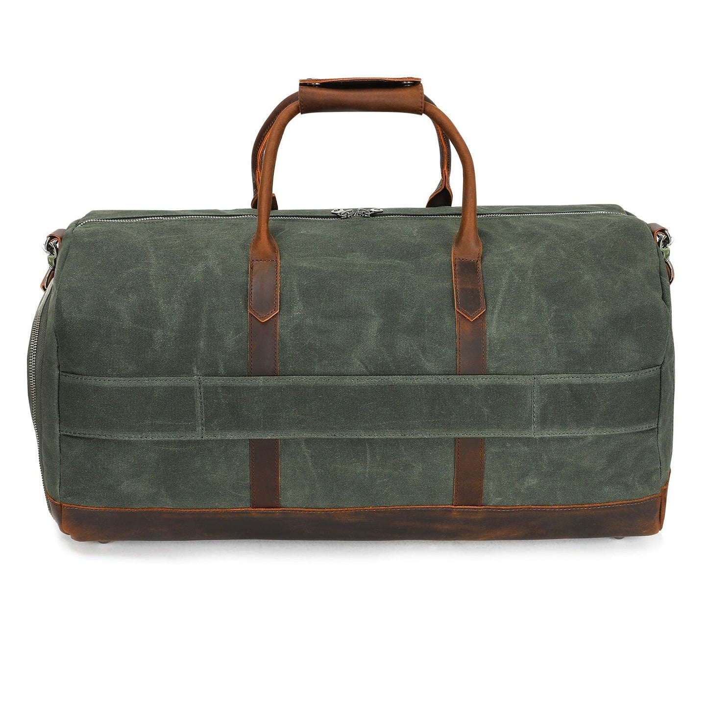 Green duffel bag with brown leather straps on a white background