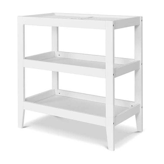 HomePacific modern white baby changing table with 1-inch waterproof pad and two open storage shelves
