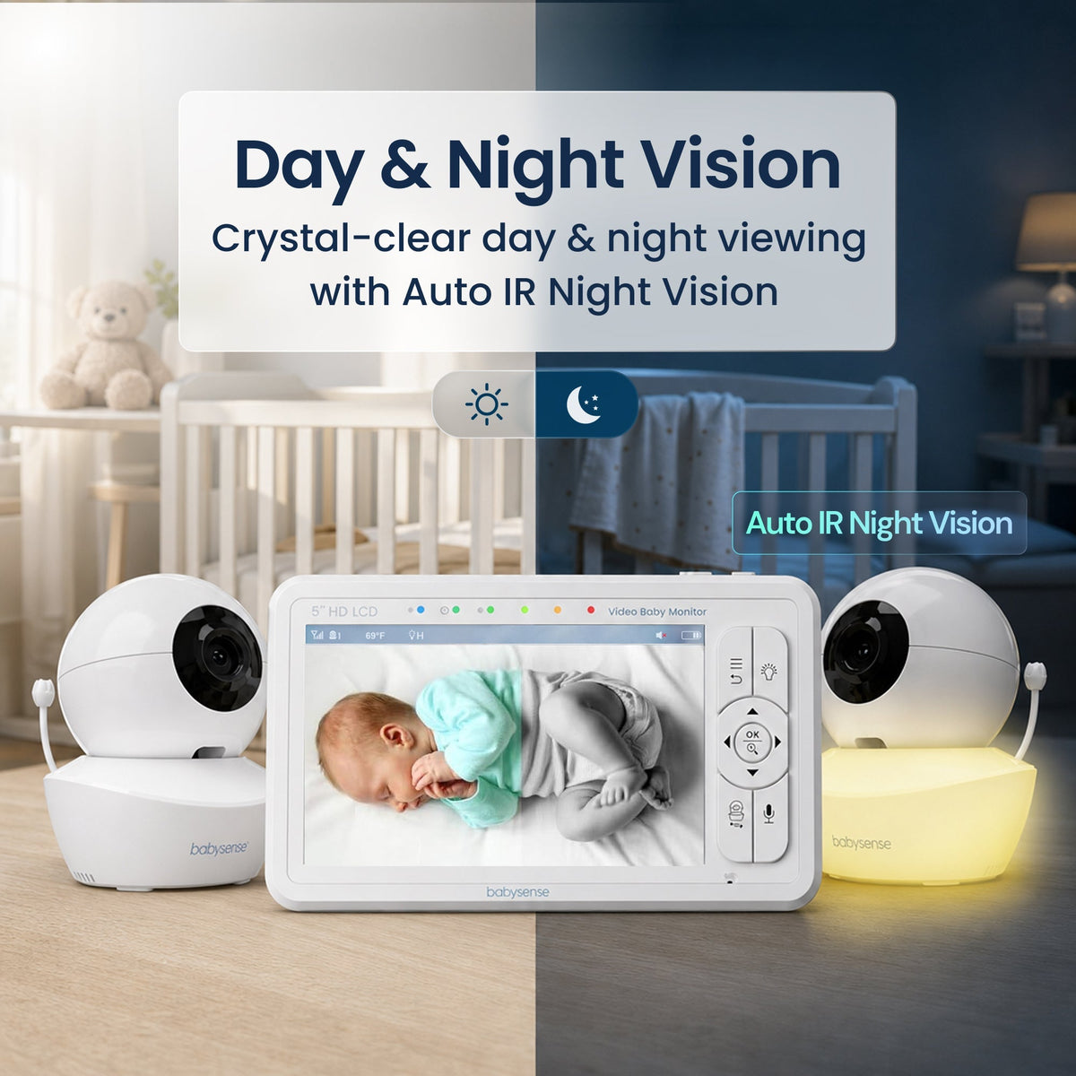 Babysense HD S2: Video Baby Monitor with 2 Cameras, Non Wifi, Split Screen & Night Light Machine