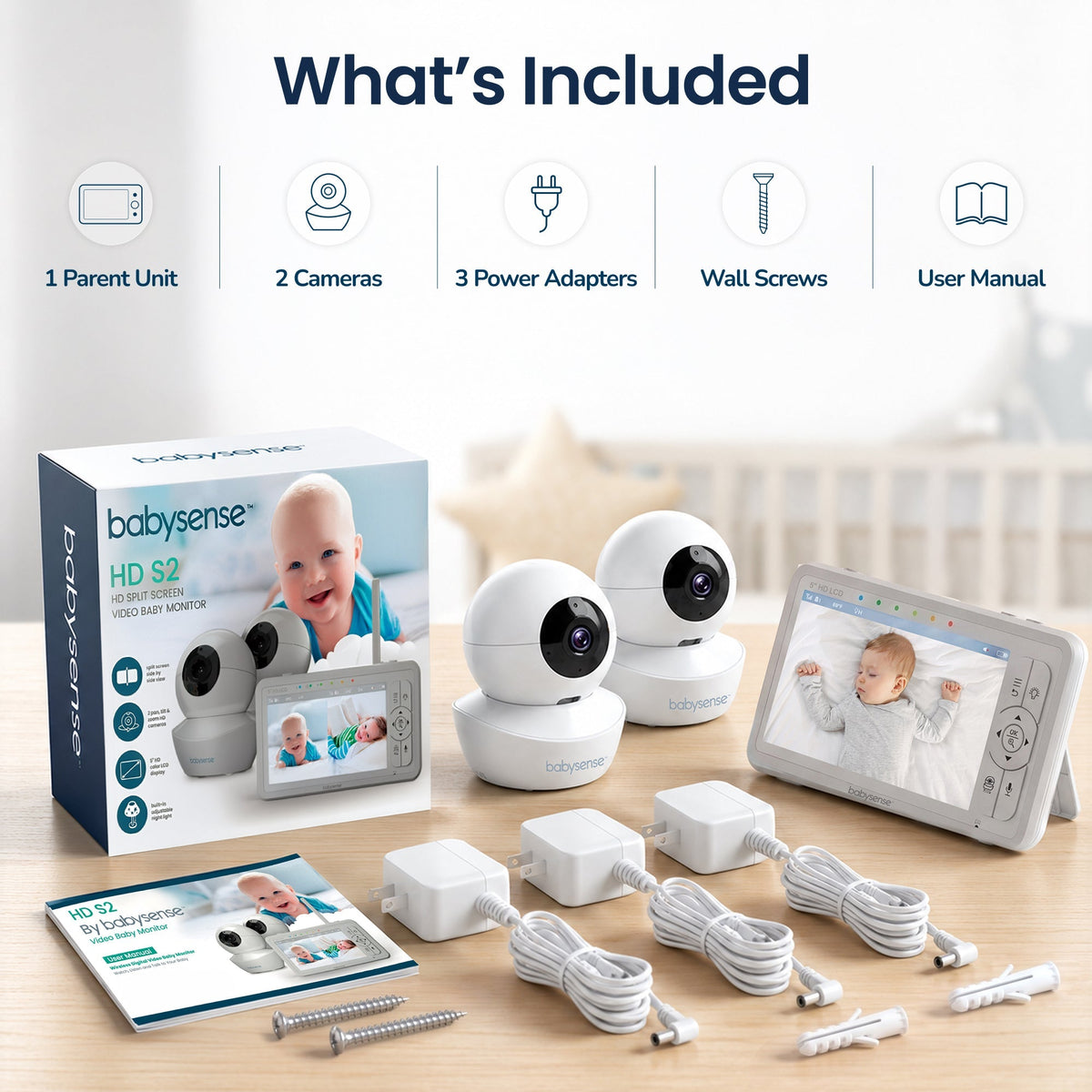 Babysense HD S2: Video Baby Monitor with 2 Cameras, Non Wifi, Split Screen & Night Light Machine