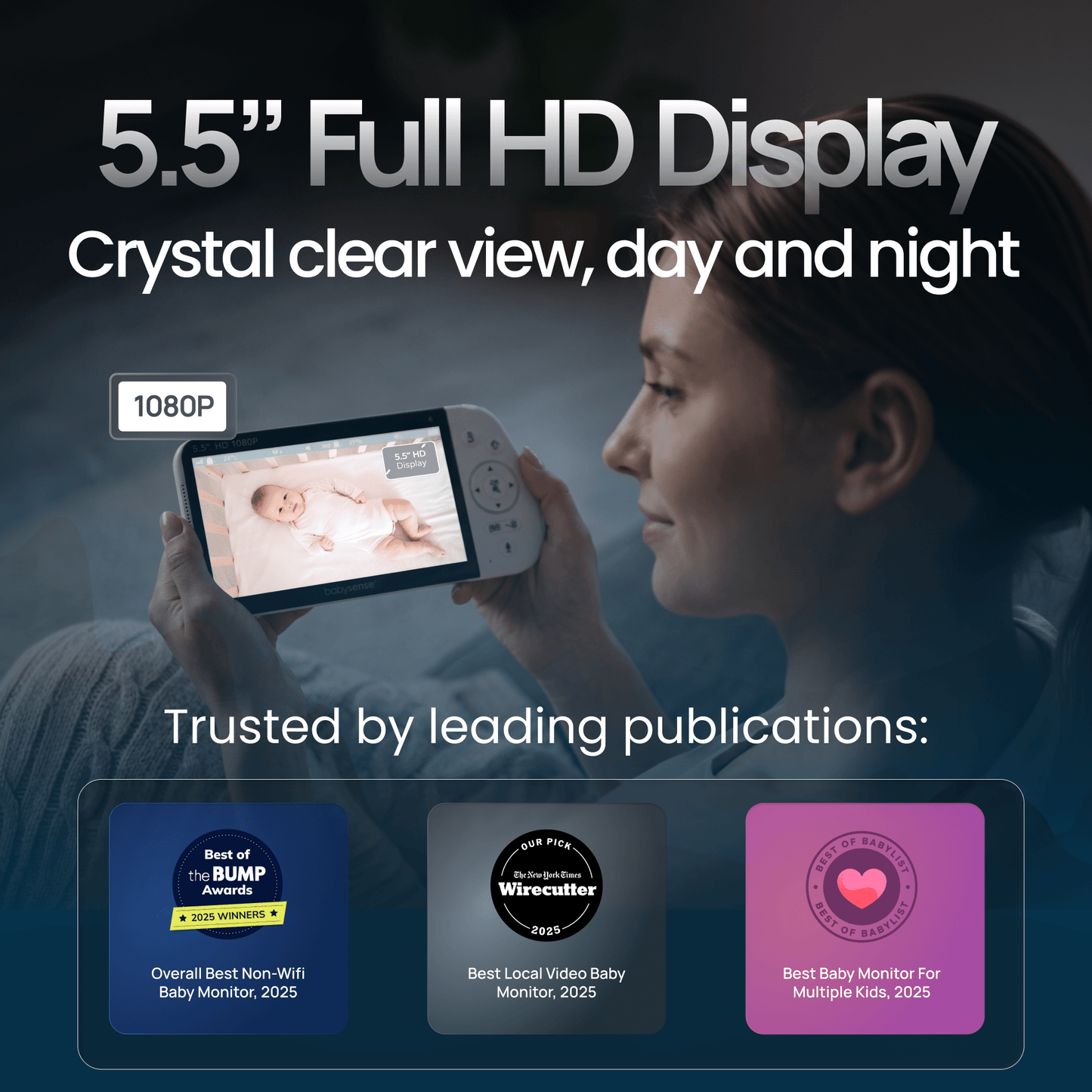 Babysense MaxView PRO: Video Baby Monitor with 2 Cameras, Non Wifi, Split Screen, Night Light & Sound Machine
