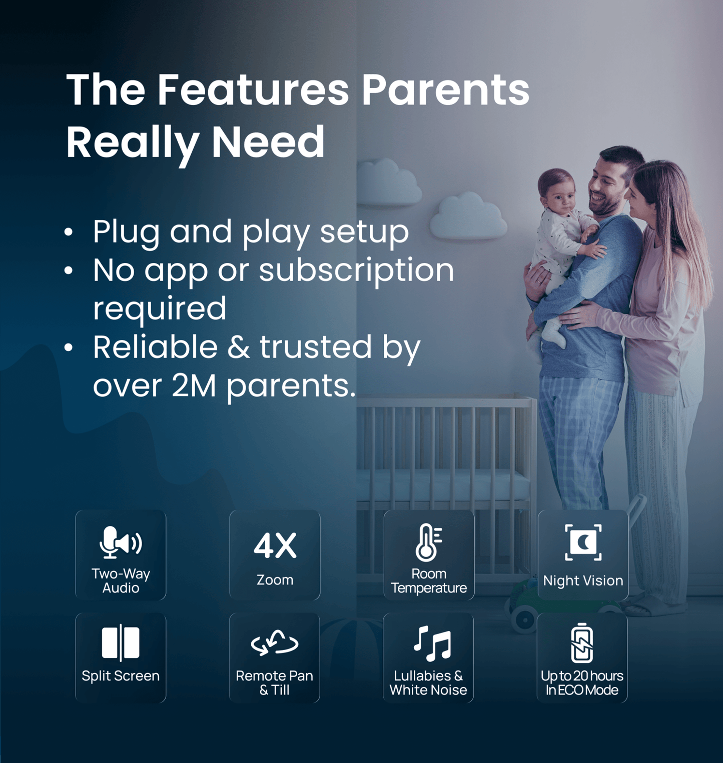 Babysense MaxView PRO: Video Baby Monitor with 2 Cameras, Non Wifi, Split Screen, Night Light & Sound Machine