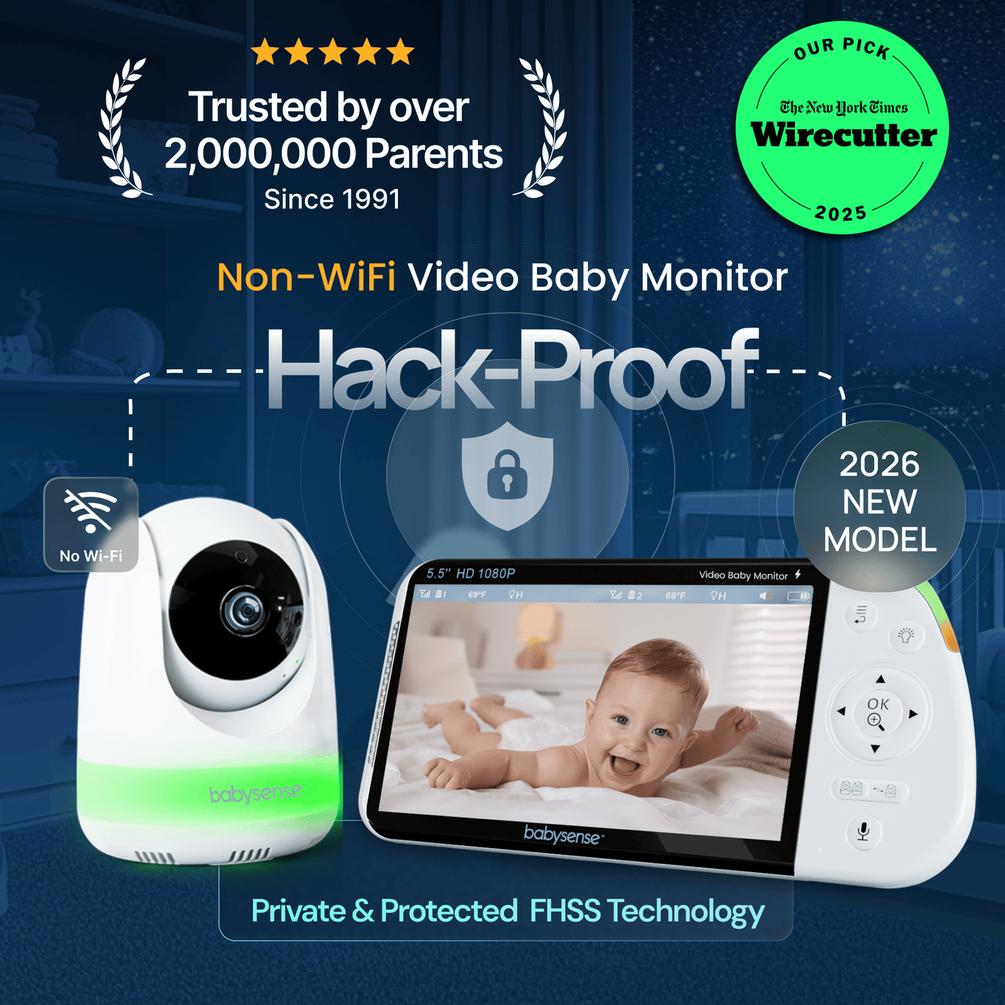 Babysense MaxView PRO: Video Baby Monitor with 2 Cameras, Non Wifi, Split Screen, Night Light & Sound Machine