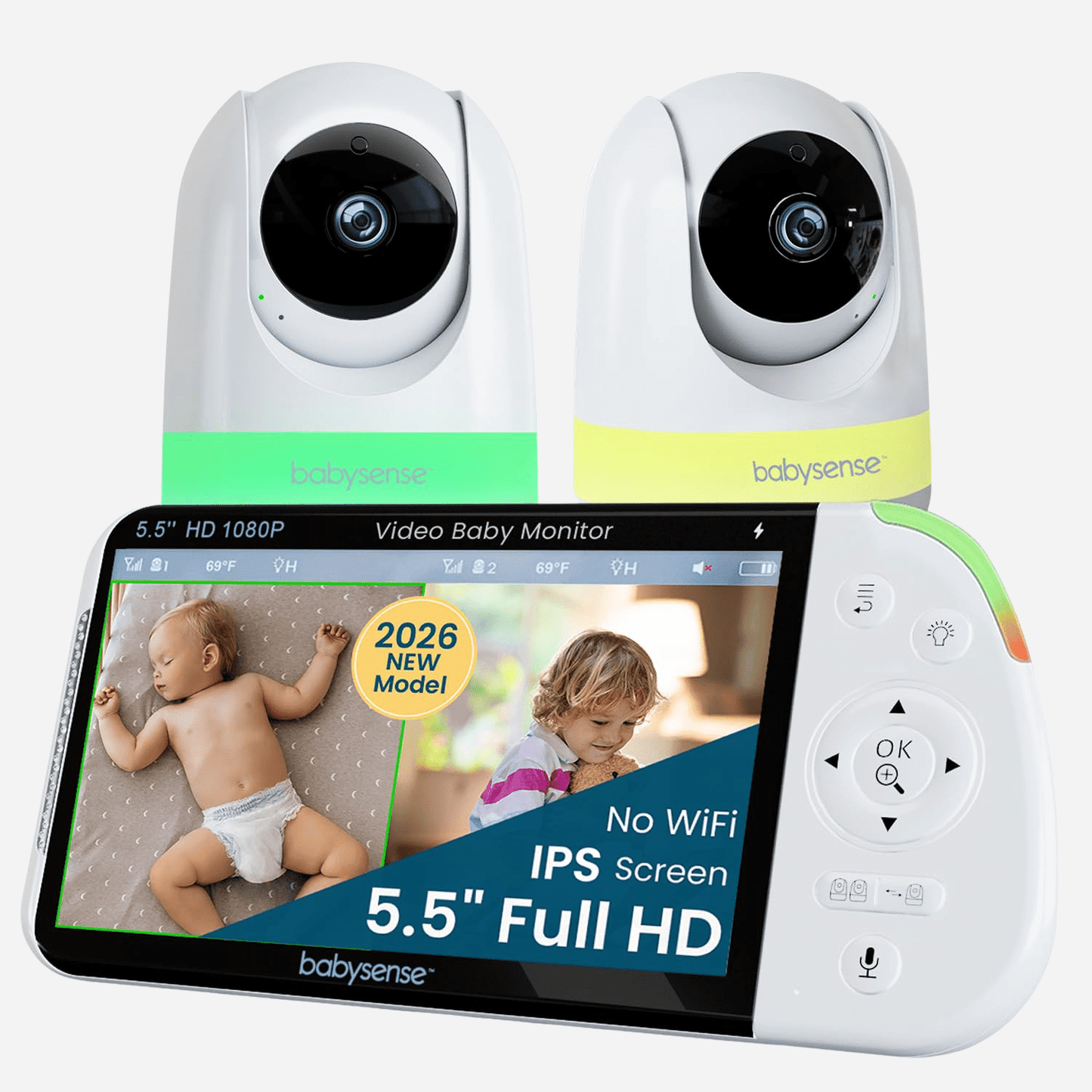 Babysense MaxView PRO: Video Baby Monitor with 2 Cameras, Non Wifi, Split Screen, Night Light & Sound Machine
