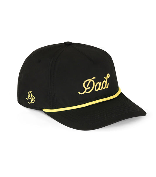 Black Dad Rope Hat with tan rope detail, 5-panel snapback design, lightweight polyester — fatherhood-inspired cap.