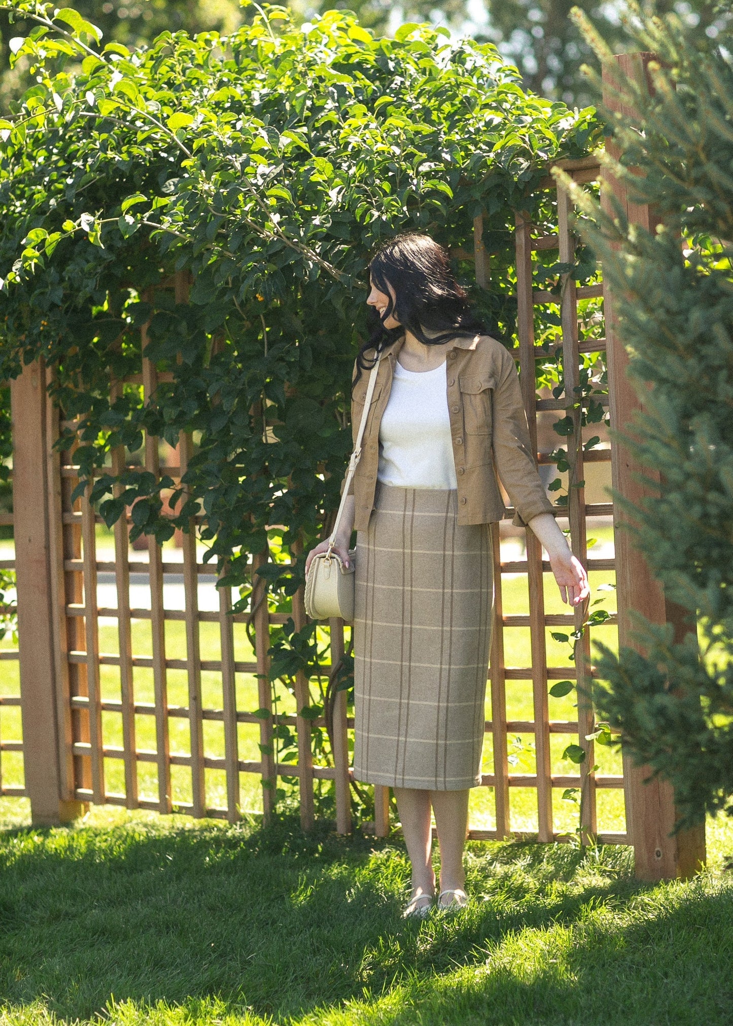 Calista Plaid Wool Midi Pencil Skirt