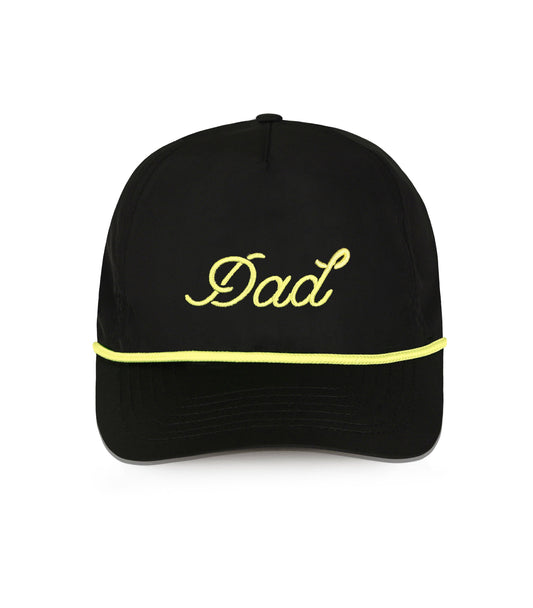 Dad Rope Hat with tan rope detail, 5-panel snapback design, lightweight polyester — fatherhood-inspired cap.