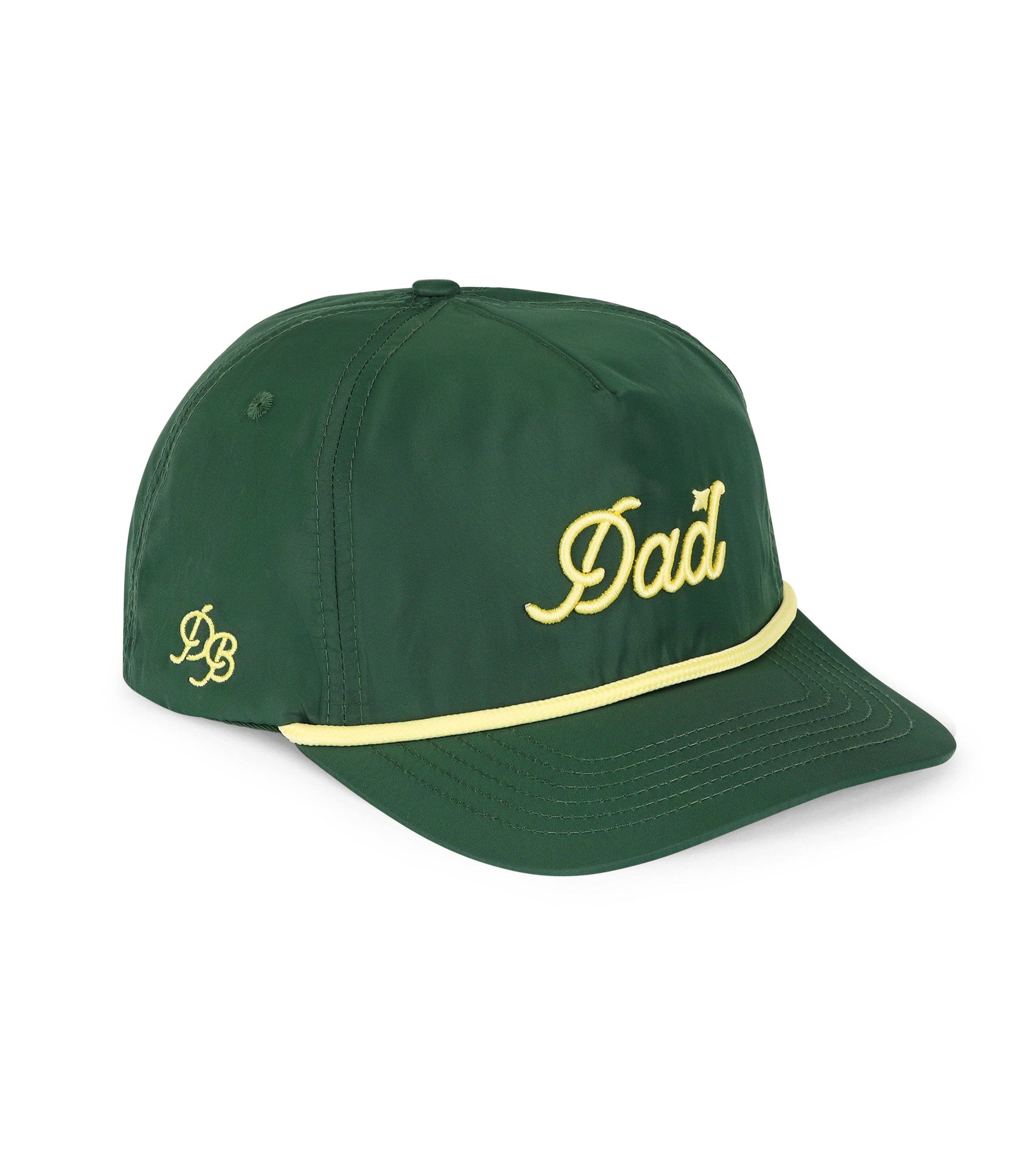 Green Dad Rope Hat with light tan rope and thread — 5-panel snapback design.