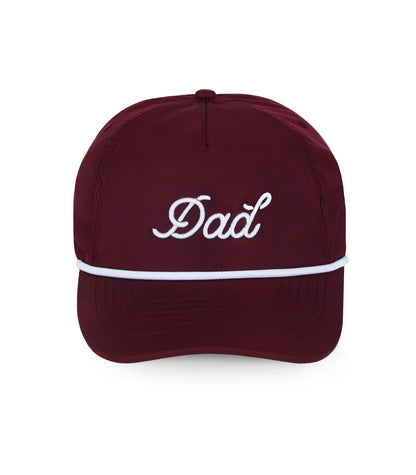Maroon hat with 'Dad' embroidered on a white background