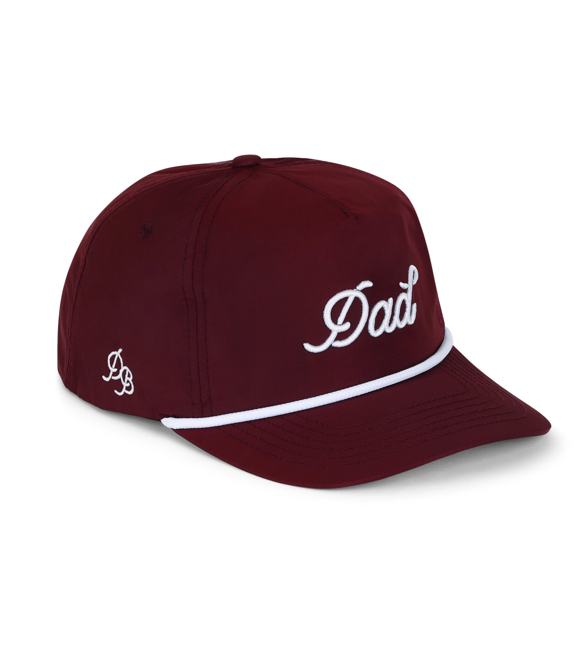 Maroon hat with 'Dad' embroidered on it against a white background
