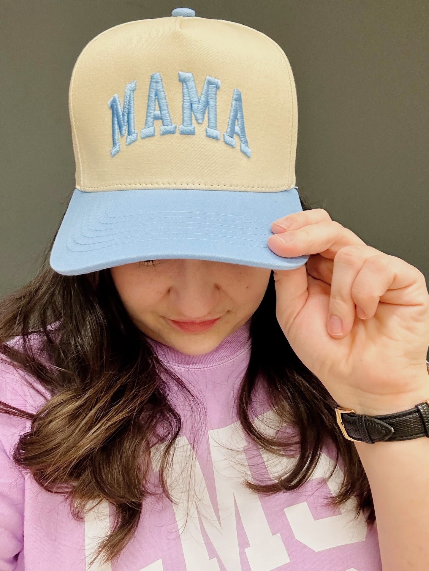 Embroidered Mama Hat | Natural Adjustable Cap with Pink or Blue Bill