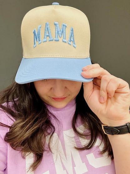 Embroidered Mama Hat | Natural Adjustable Cap with Pink or Blue Bill