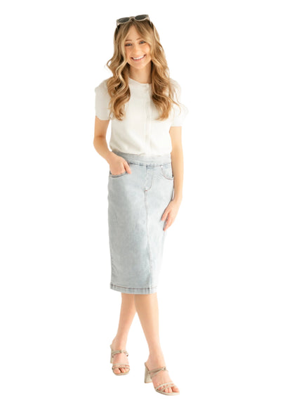 Sandra Light Wash Denim Midi Skirt