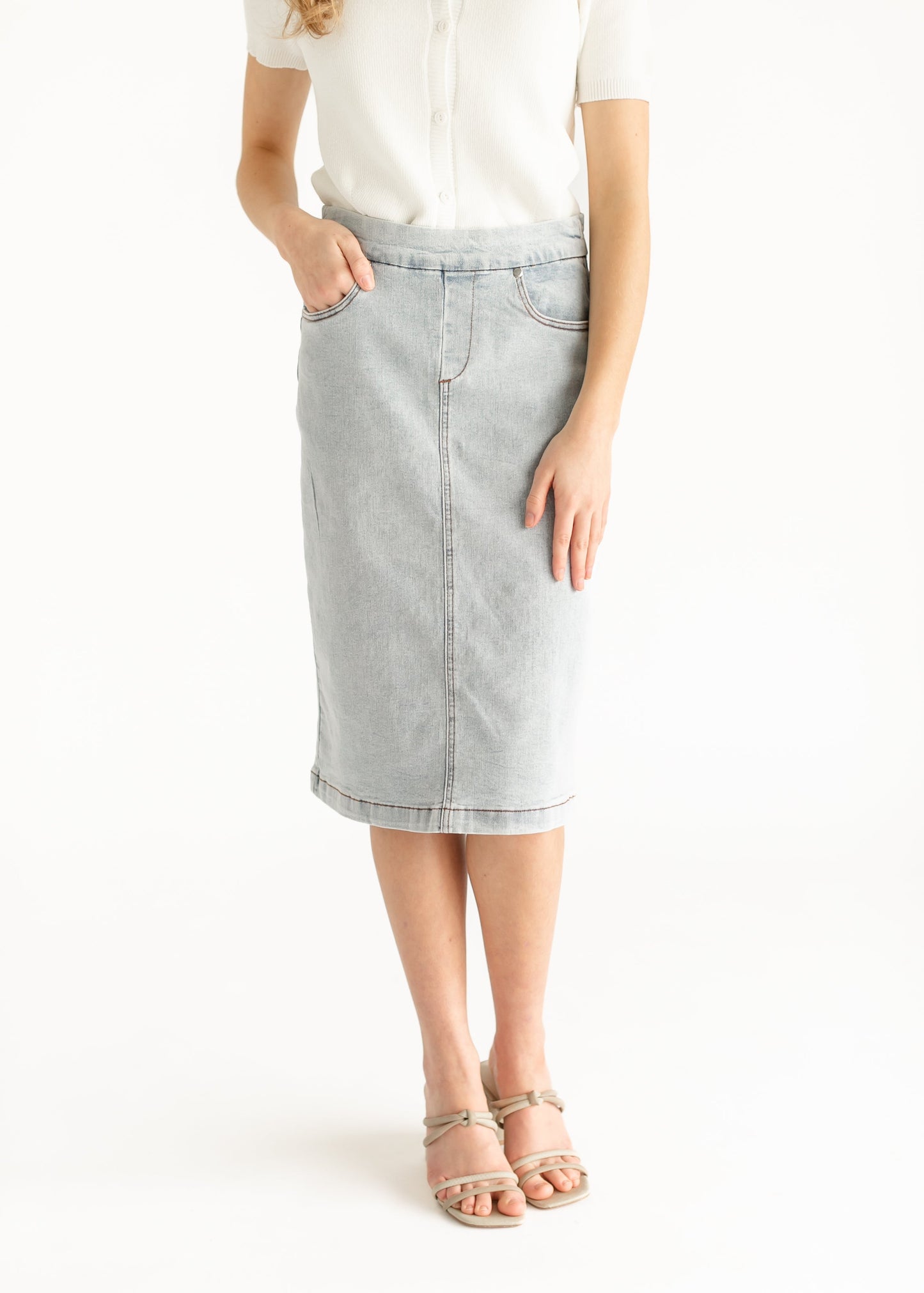 Sandra Light Wash Denim Midi Skirt