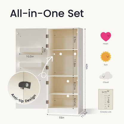 Tiny Land® Play Kitchen Accessories – Play Kitchen Fridge: Wooden Cabinet Refrigerator for Kids