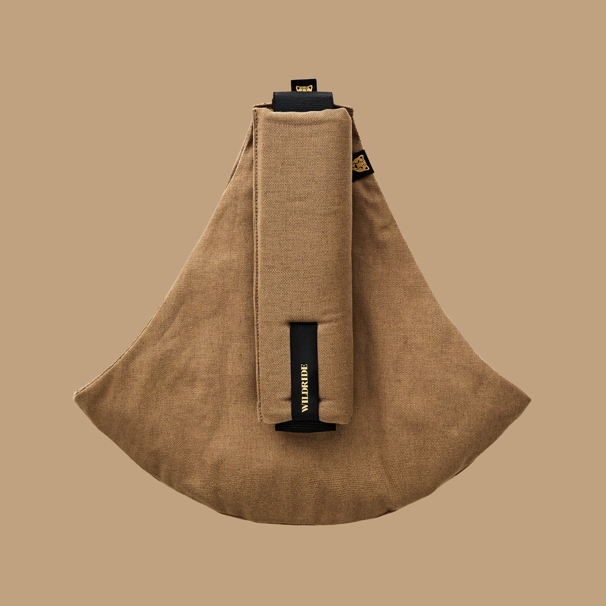 Wildride USA linen toddler hip carrier in camel cotton-linen blend for babywearing on the go