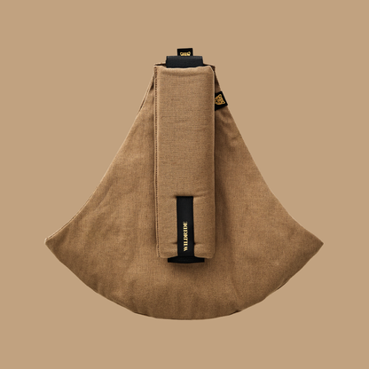 Wildride USA linen toddler hip carrier in camel cotton-linen blend for babywearing on the go