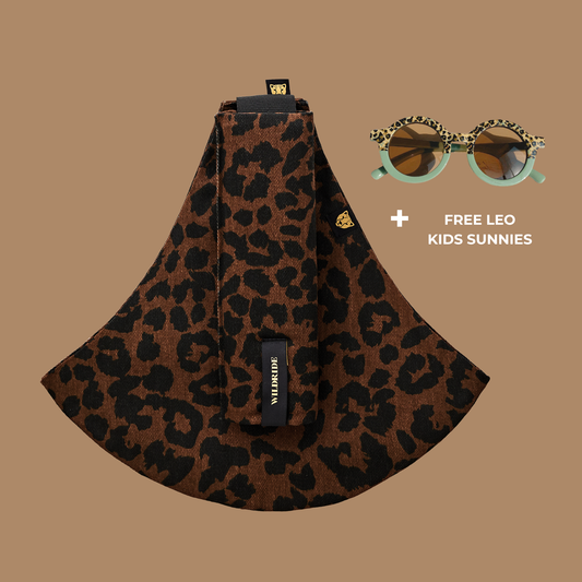 WildRide USA leopard print brown toddler hip seat carrier for toddlers and preschoolers