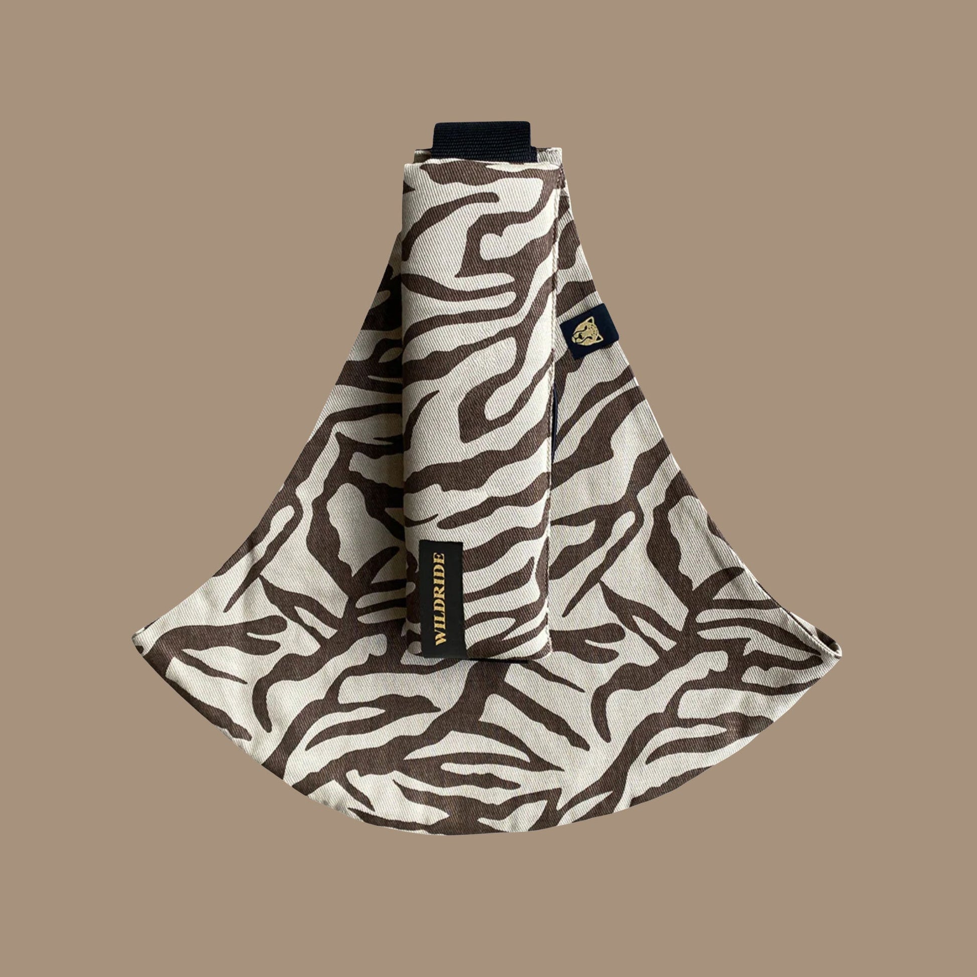 Wildride toddler hip seat carrier in brown zebra print cotton fabric